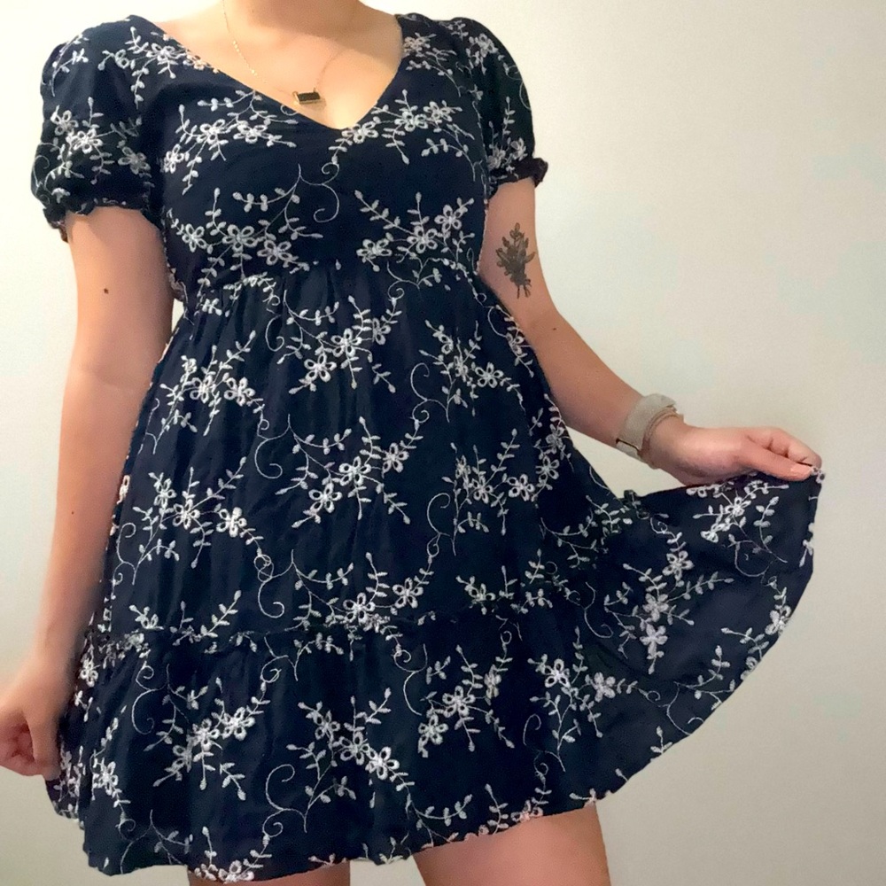 Floral Embroidered Navy Dress